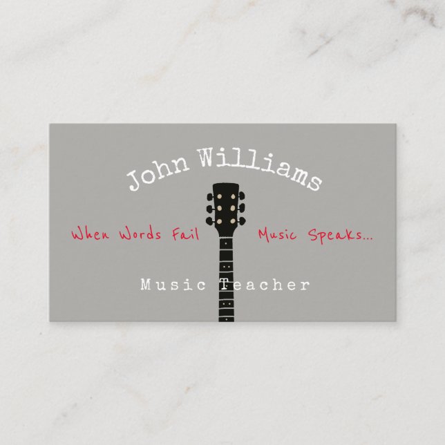 music teacher gray business card + guitar neck (Front)