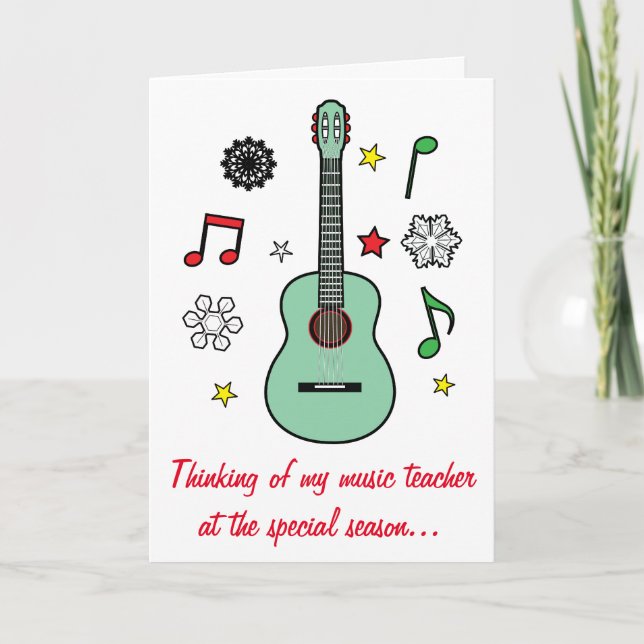 Music Teacher Holiday Card Guitar and Notes (Front)