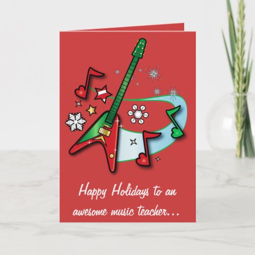 Music Teacher Holiday with Red and Green Guitar