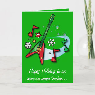 Music Teacher Holiday with Red and Green Guitar Card