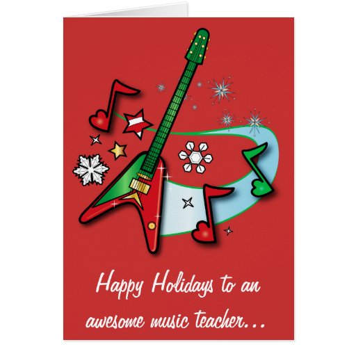 Music Teacher Holiday with Red and Green Guitar Card | Zazzle