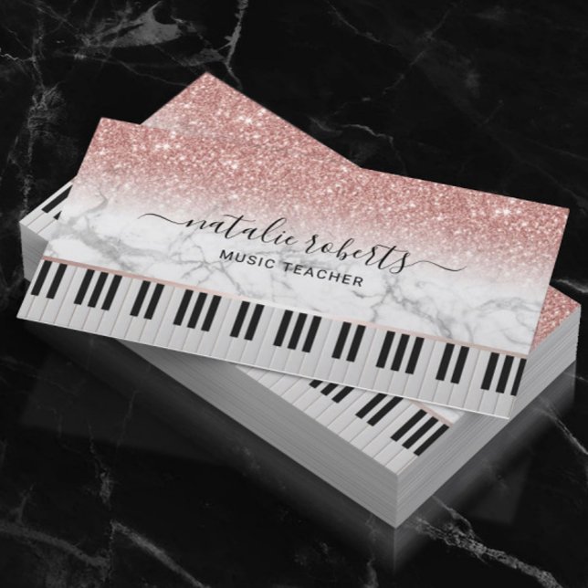Music Teacher Marble Rose Gold Glitter Piano Keys Business Card (Creator Uploaded)