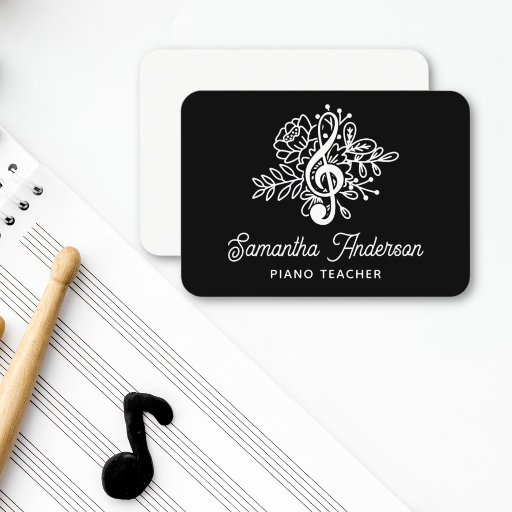 Customizable Music Teacher Modern Black Floral Treble Clef Business Card