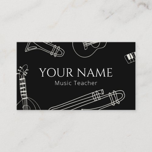 Music Teacher Modern Line Art Minimal Black White  Business Card