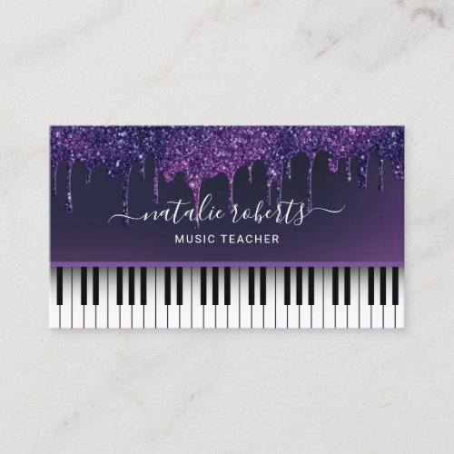 Music Teacher Modern Purple Drips Piano Keys Business Card