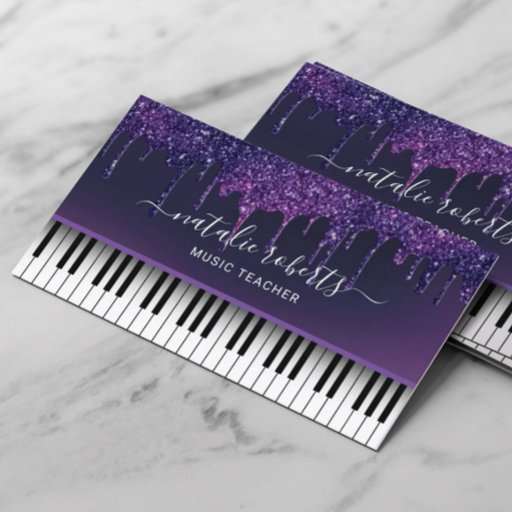 Customizable Music Teacher Modern Purple Drips Piano Keys Business Card