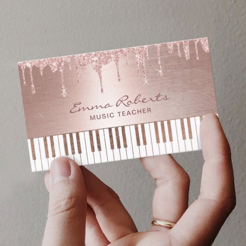 Music Teacher Modern Rose Gold Drips Piano Musical Business Card