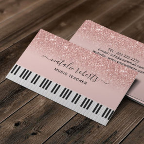 Music Teacher Modern Rose Gold Glitter Piano Keys Business Card