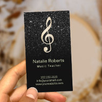 Music Teacher Musical Clef Logo Black Glitter Business Card