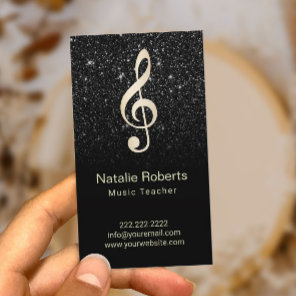 Music Teacher Musical Clef Logo Black Glitter Business Card