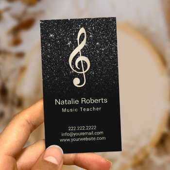 Music Teacher Musical Clef Logo Black Glitter Business Card by cardfactory at Zazzle