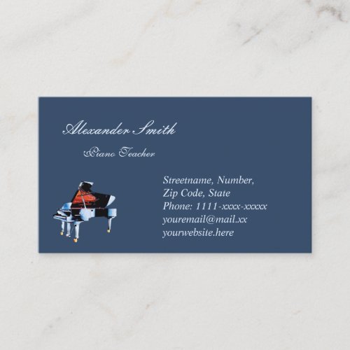 Music teacher piano elegant blue business card