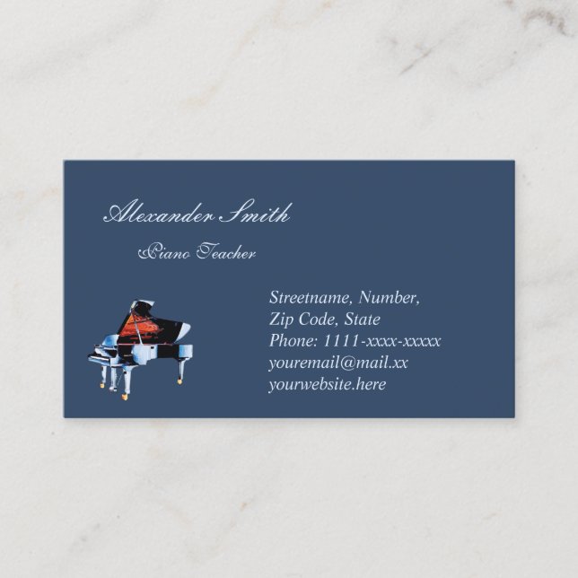 Music teacher piano elegant blue business card (Front)