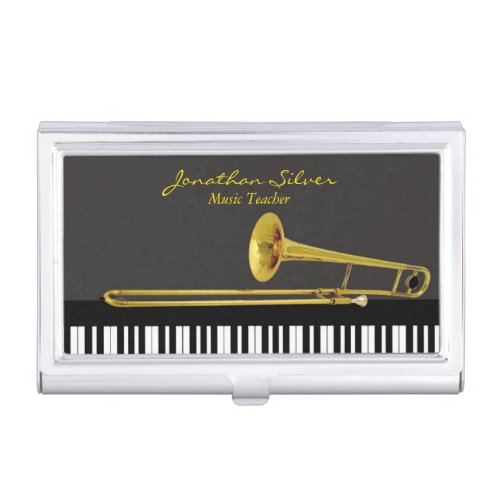 Music Teacher Piano Keyboard and Trombone Business Card Case