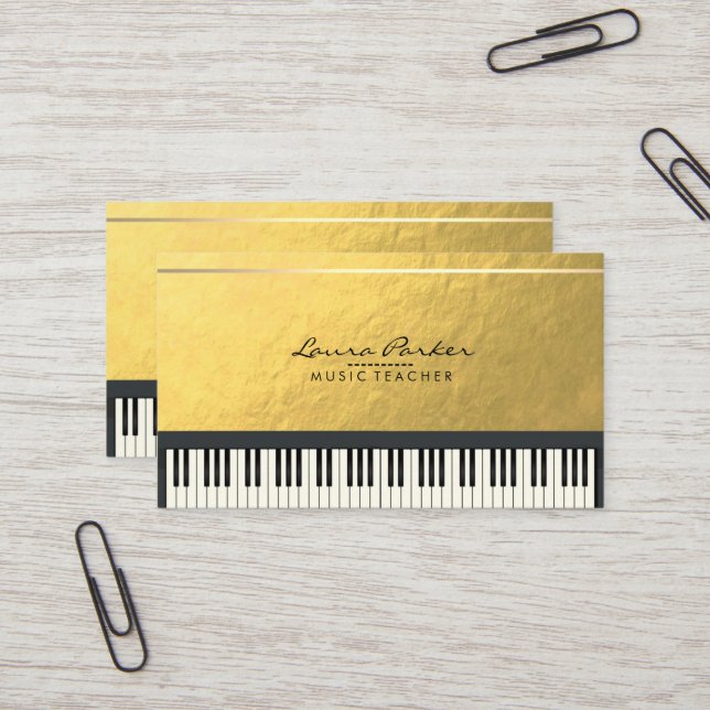 Music Teacher Piano Keyboard Musician Gold Foil Business Card (Front/Back In Situ)