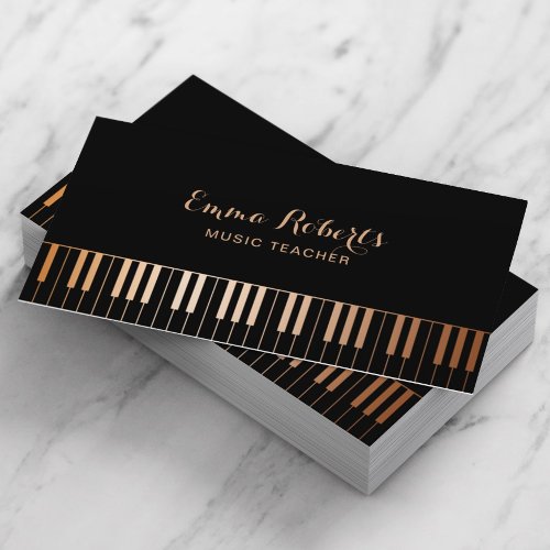 Music Teacher Piano Keys Elegant Black  Gold Business Card