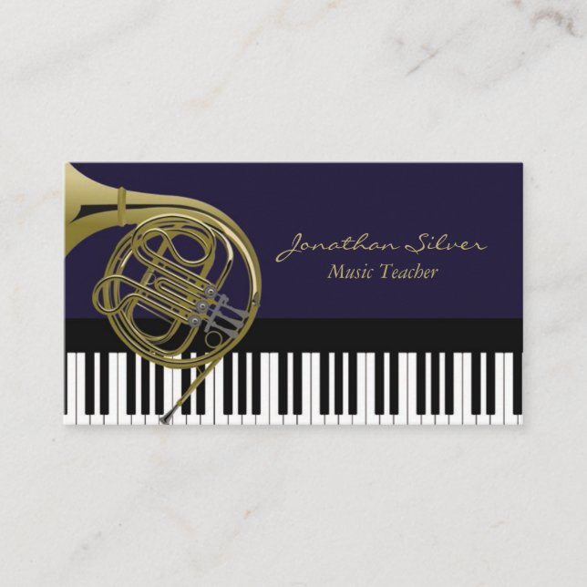 Music Teacher Piano Keys French Horn Professional Business Card (Front)