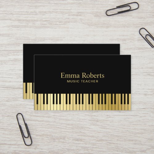 Music Teacher Piano Keys Modern Black  Gold Business Card