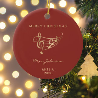 Music Teacher Red Gold Elegant Christmas Ceramic Ornament