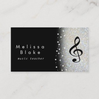 Music Teacher Silver Shade Faux Glitter Business Card by musickitten at Zazzle