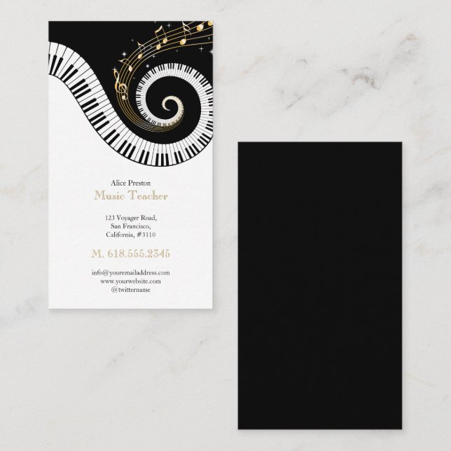 Music Teacher | Swirl Black White Piano Business Card (Front/Back)