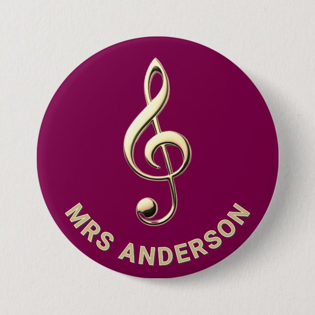 Music Teacher Treble Clef Burgundy ID Badge Button (Front)