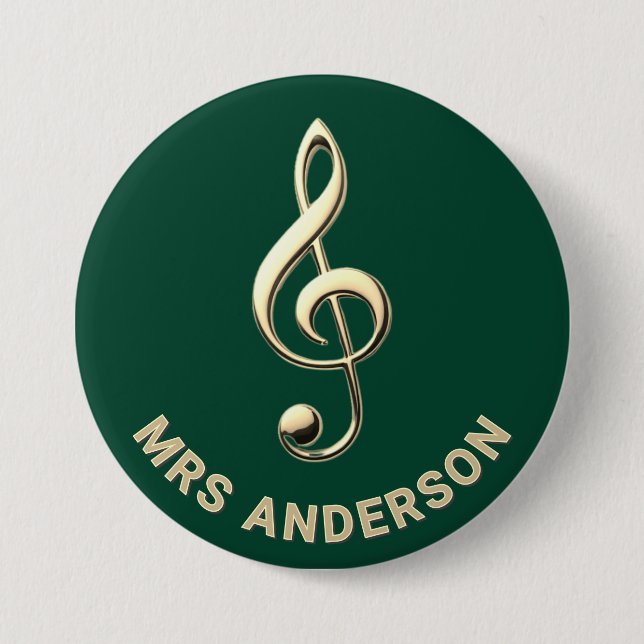 Music Teacher Treble Clef Green Personalized Name Button (Front)