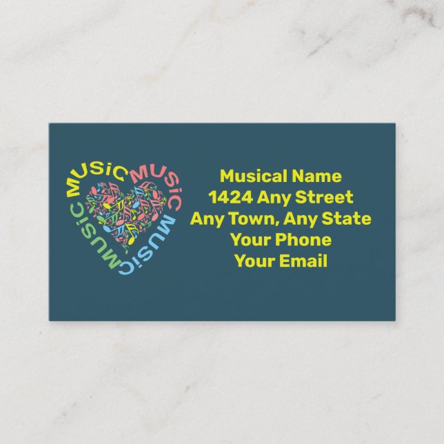 Music Text Heart Notes  Business Card (Front)
