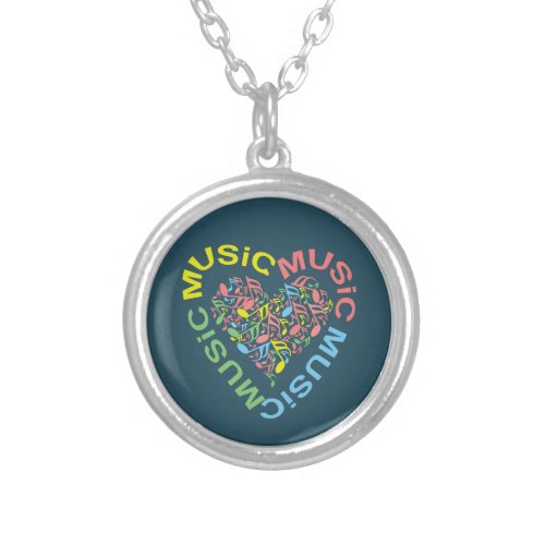 Music Text Heart Notes Silver Plated Necklace