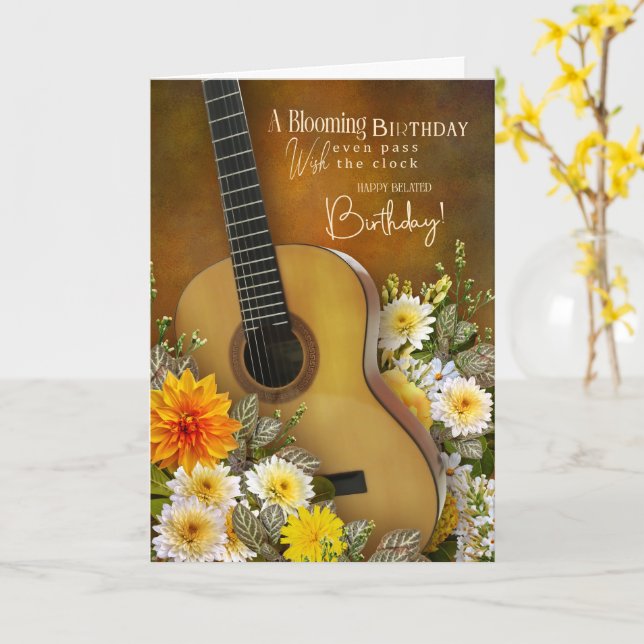 Music Theme Belated Birthday Card – Guitar Design (Yellow Flower)