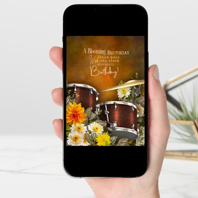 Music Theme Belated Birthday Card with Drum Set (Front Digital)