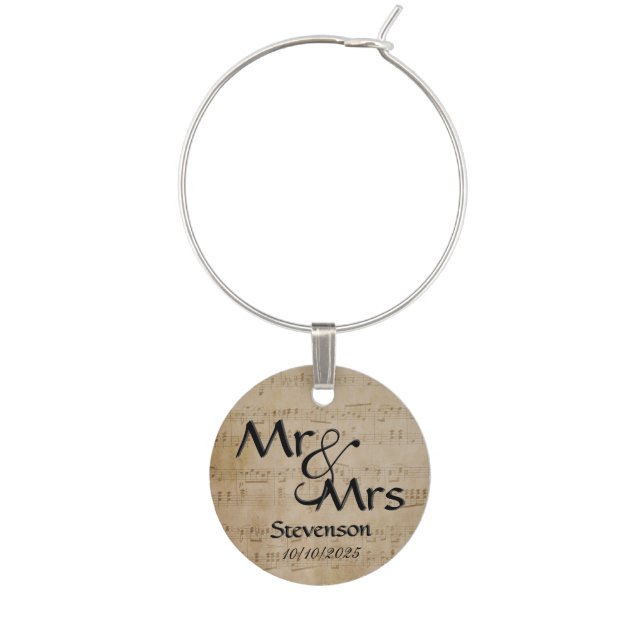 Music Theme Monogram Wine Tag Glass Charm (Front)