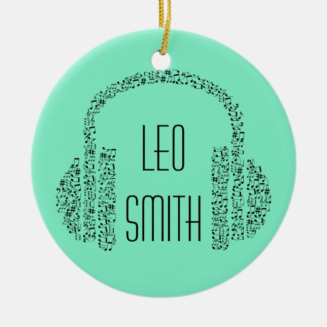 Music theme notes headphones personalised name ceramic ornament (Front)