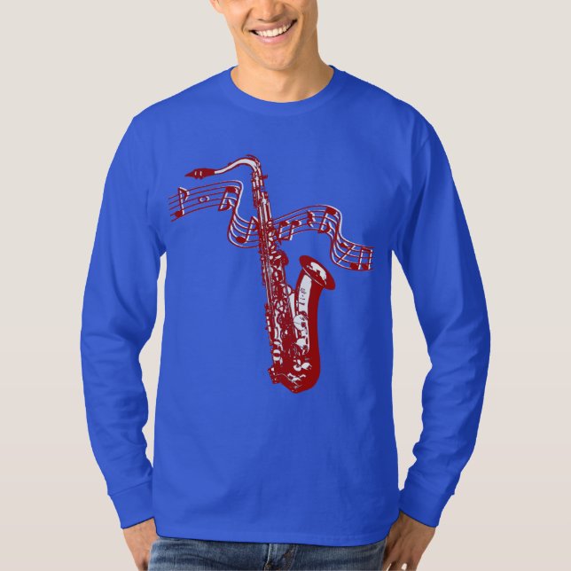 Music theme Red Saxophone and notes T-Shirt (Front)