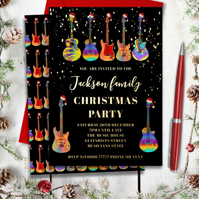Music Themed Guitar Christmas Party Black Gold Foil Holiday Card (Music themed christmas party black and gold foil invitation cool colorful guitars wearing santa hats)