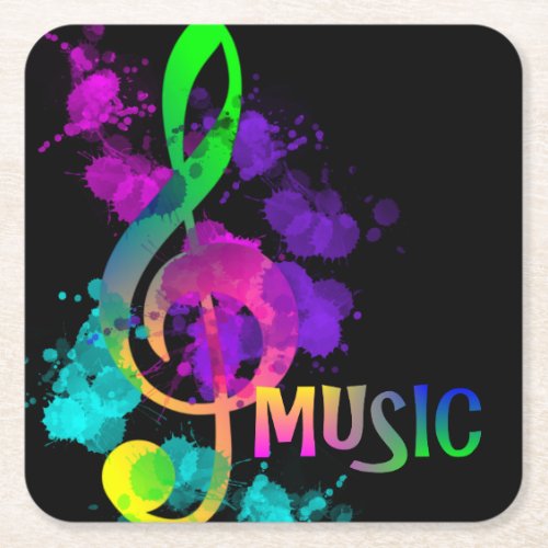 Music Themed Rainbow Treble Clef Square Paper Coaster
