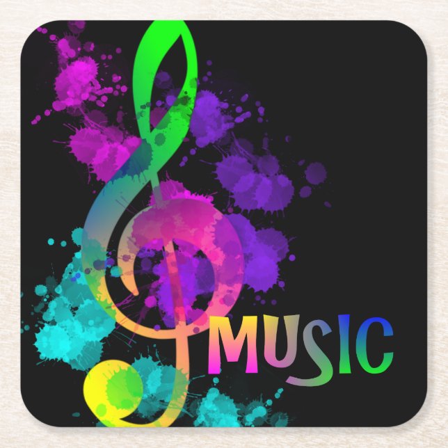 Music Themed Rainbow Treble Clef Square Paper Coaster (Front)