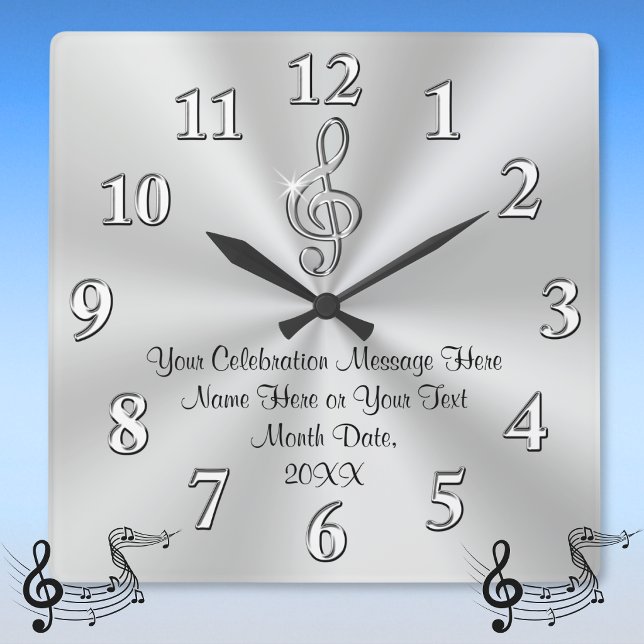 Music Themed Wall Clock, Silver Treble Clef Decor Square Wall Clock (Wall clock music themed with your celebration, name, date or message. Music gift for music lovers.)