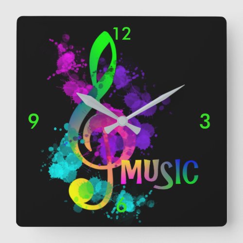 Music Treble Clef Rainbow Colors Paint Splatter Square Wall Clock