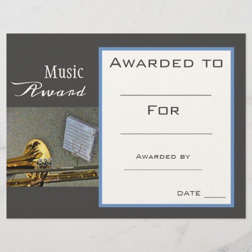 Music trombone award certificate music teacher