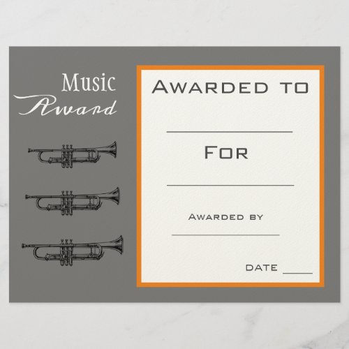 Music trumpet award certificate music teacher