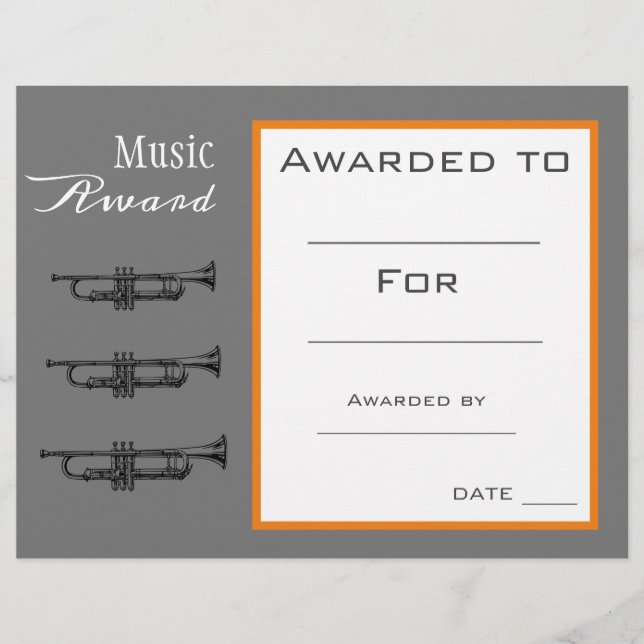 Music trumpet award certificate music teacher (Front)