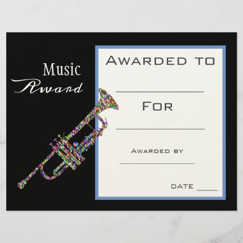 Music trumpet award certificate music teacher