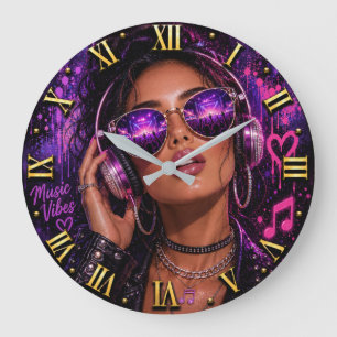 Music Vibes DJ Headphones Woman Portrait Large Clock