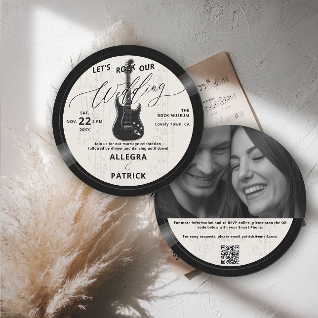 Music Vinyl All One Photo QR Rock Our Wedding Ecru Invitation (music theme wedding invitation rock vinyl record ecru ivory white photo qr code all one musician)