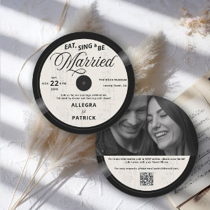 Music Vinyl Ivory Black All One Photo QR Wedding Invitation