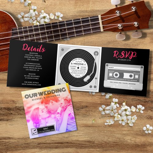Music Vinyl Record DJ turn table Cassette Wedding  Tri_Fold Invitation