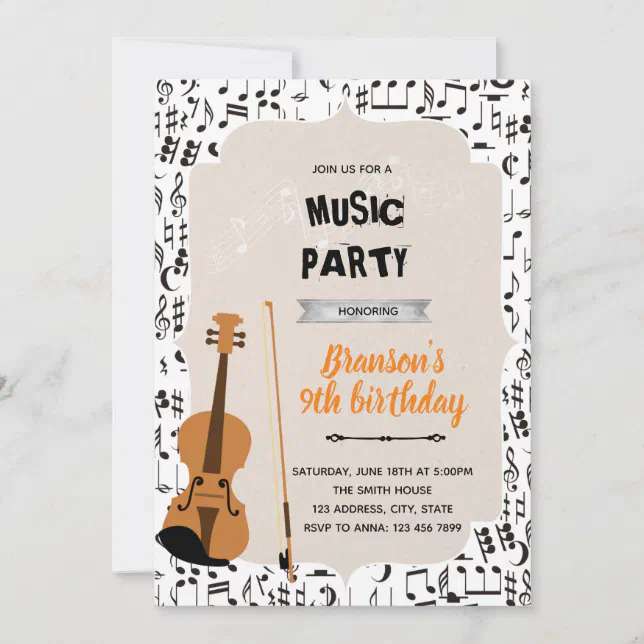 Music violin birthday party theme invitation Zazzle