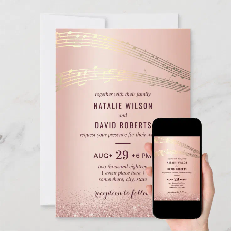 Music Wedding Modern Rose Gold Background Invitation | Zazzle