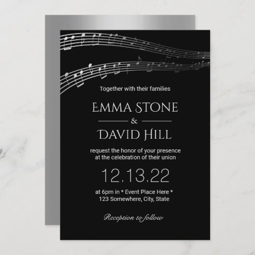 Music Wedding Party Elegant Black  Silver Invitation